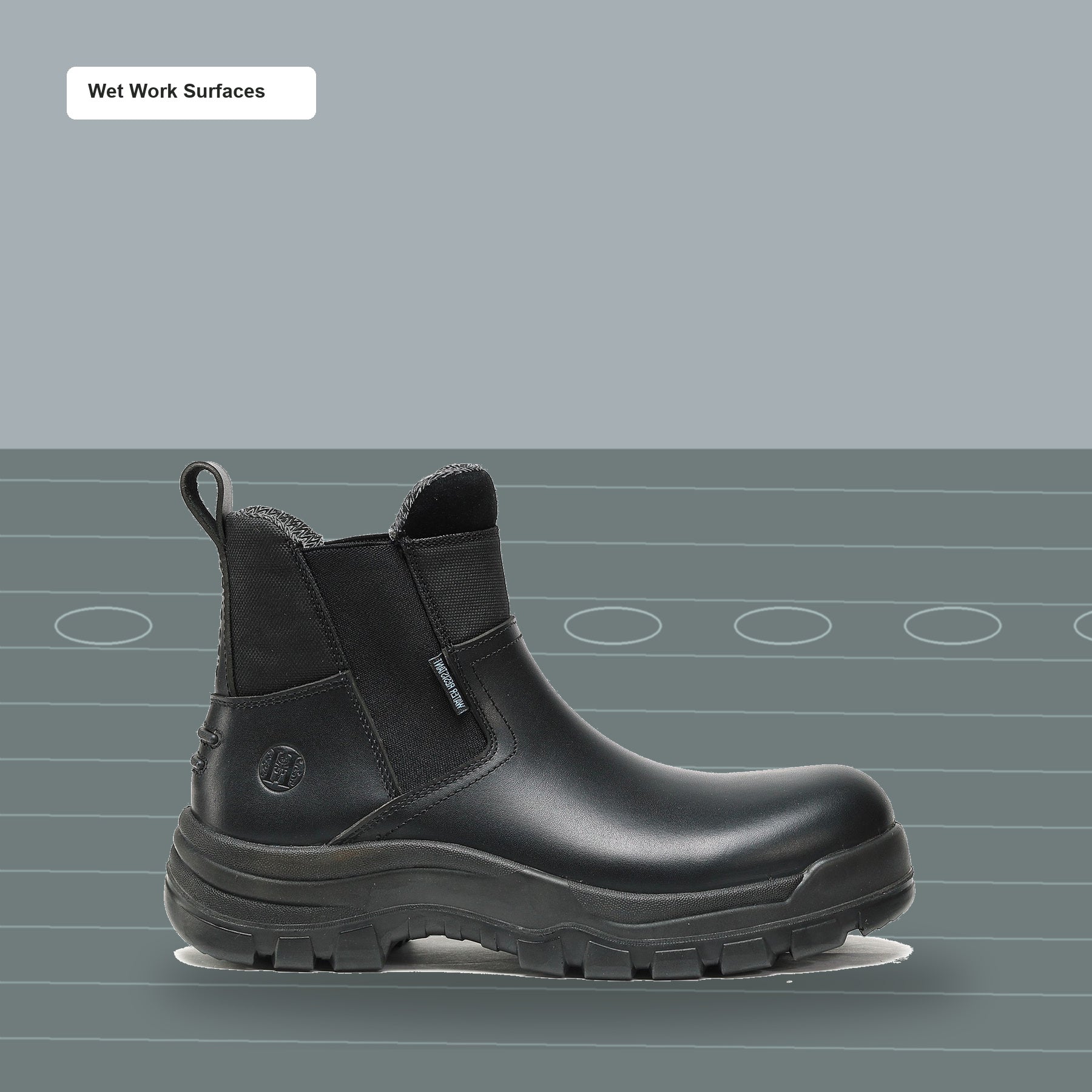 HANDMEN 80M02 black soft toe slip-on work boot on wet work surfaces
