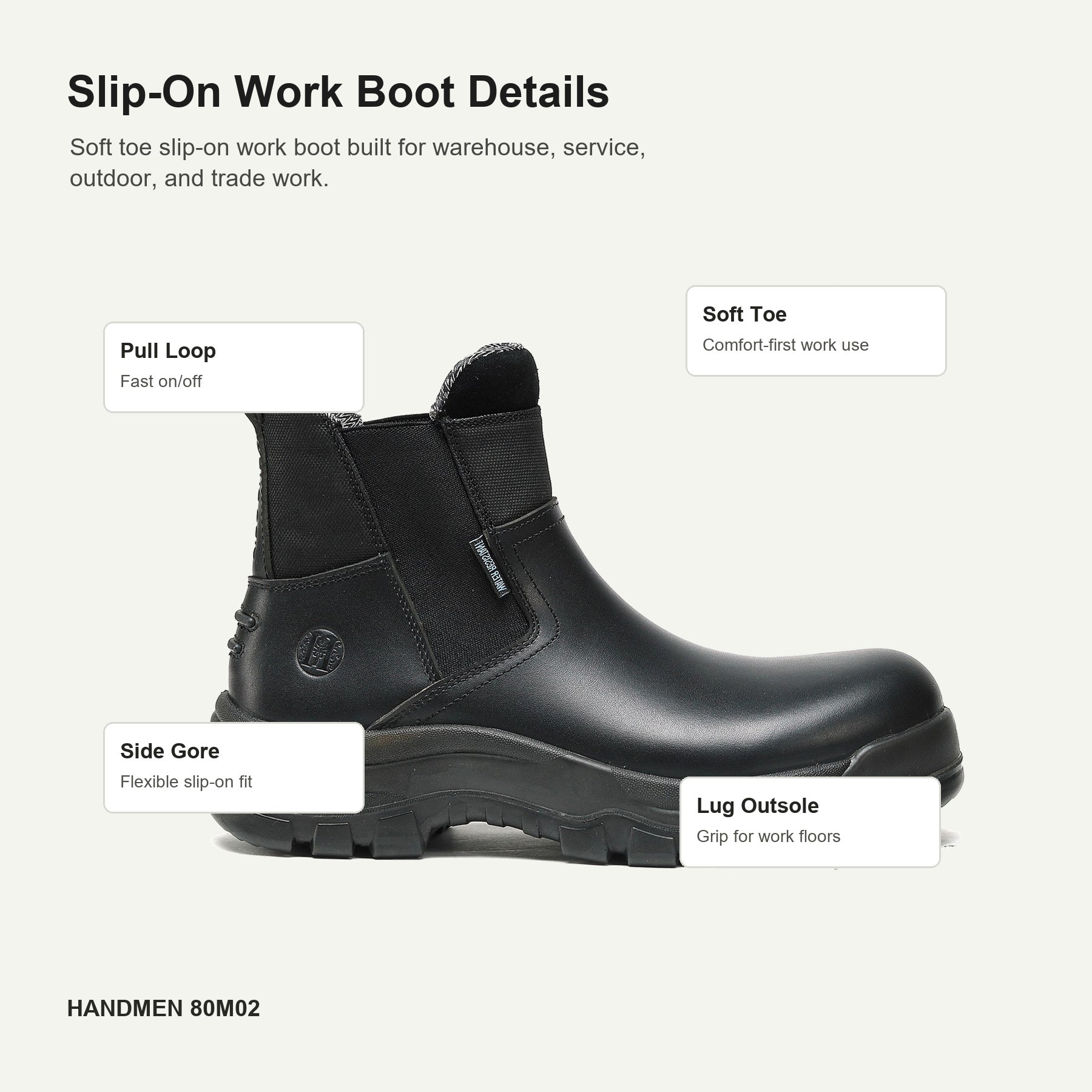 HANDMEN 80M02 soft toe slip-on work boot detail callouts