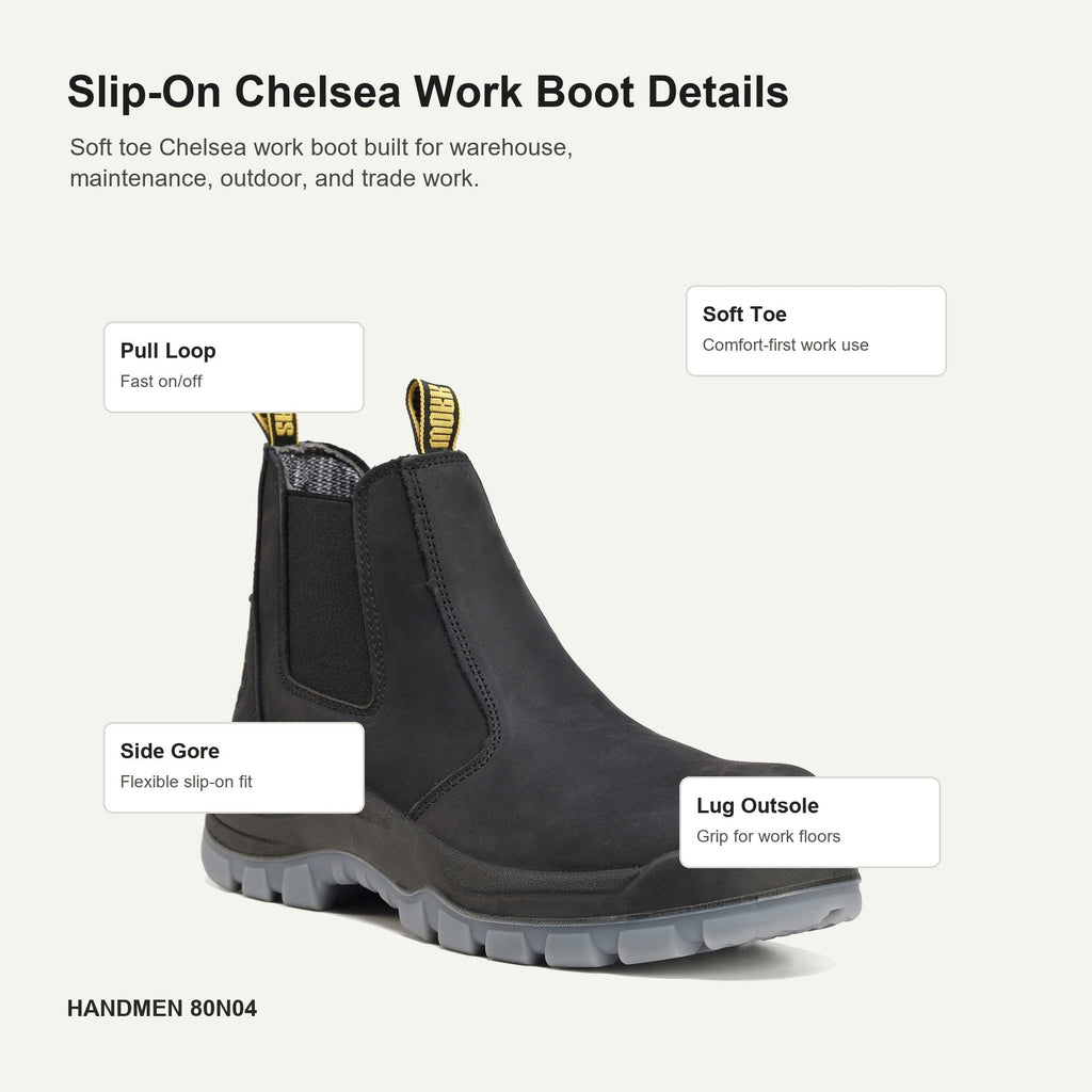 HANDMEN 80N04 soft toe Chelsea work boot detail callouts