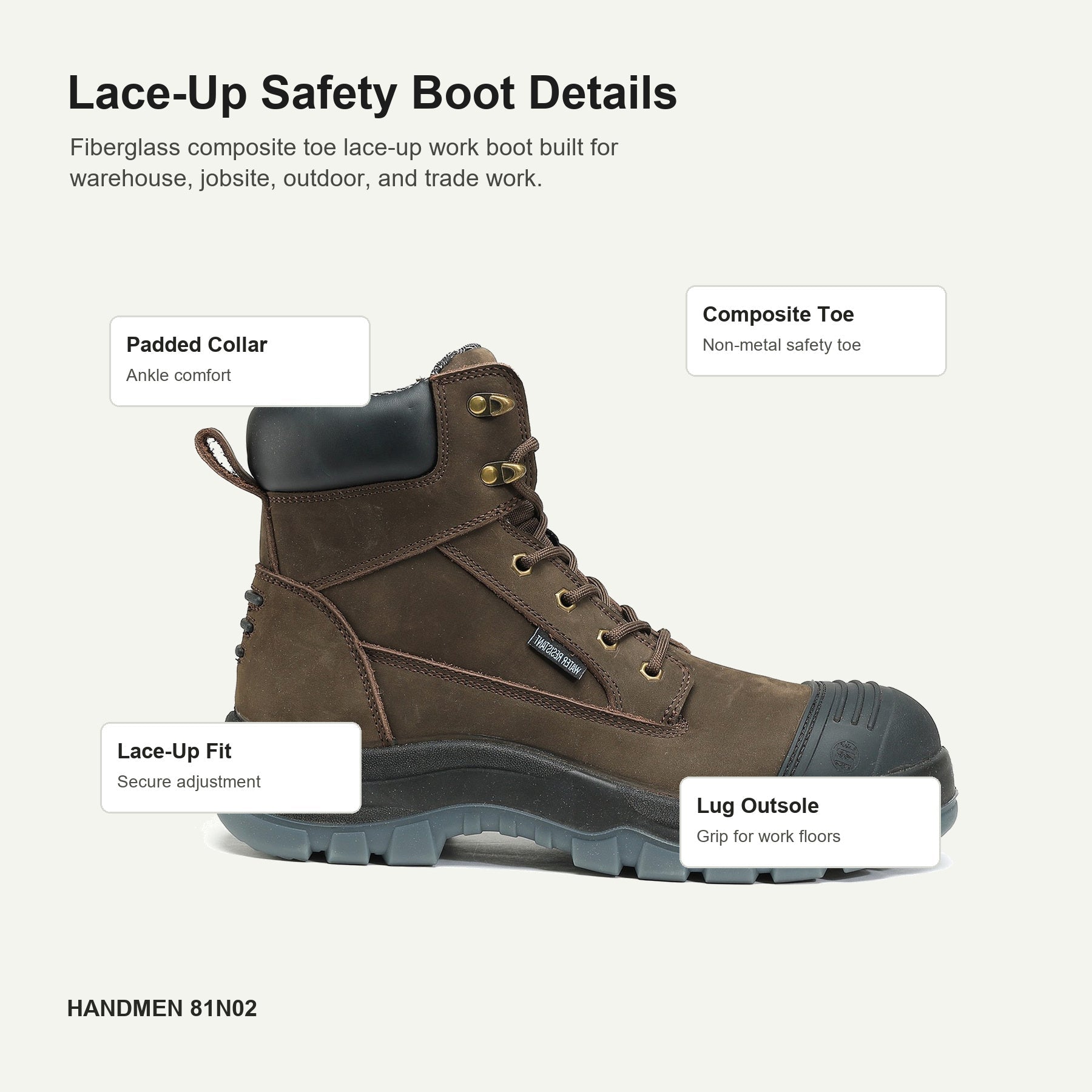 HANDMEN 81N02 lace-up safety work boot detail callouts