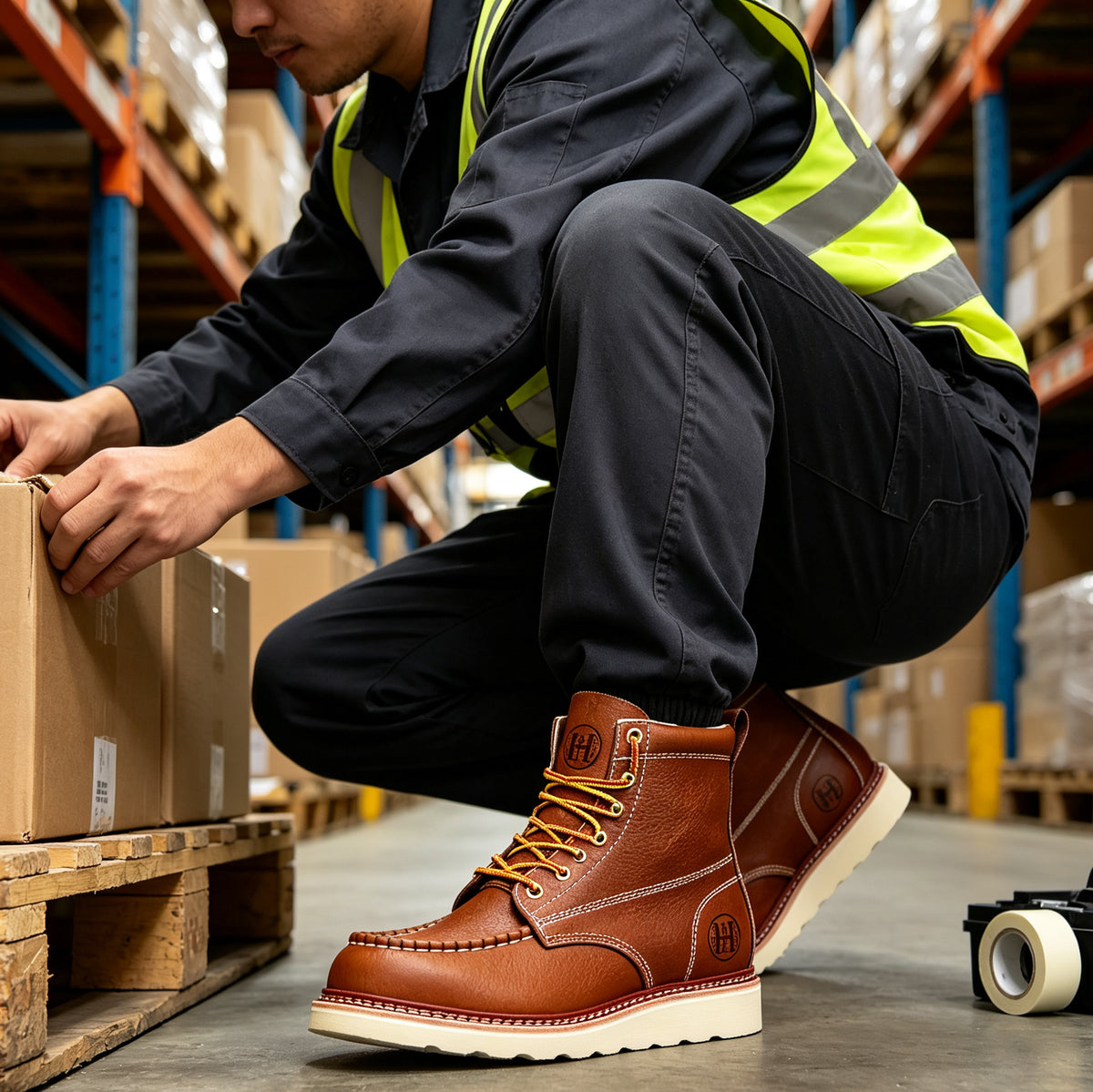 HANDMEN Soft Toe Moc Toe Wedge Work Boot - HVB806