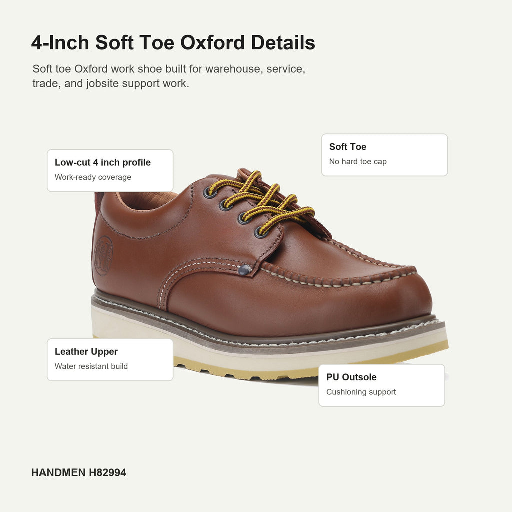 HANDMEN H82994 soft toe Oxford work shoe detail callouts