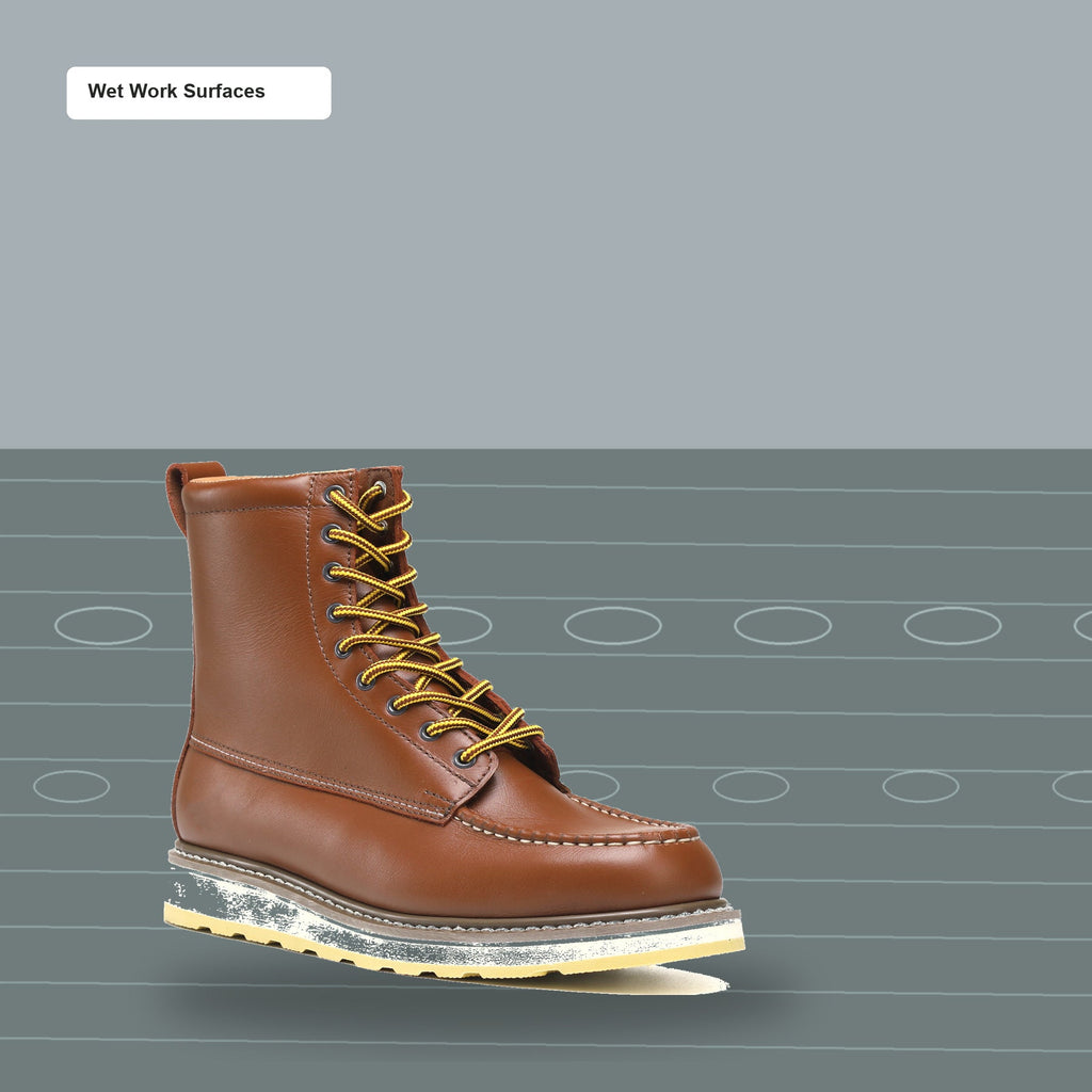 HANDMEN H86994 brown soft toe eight inch work boot on wet work surfaces