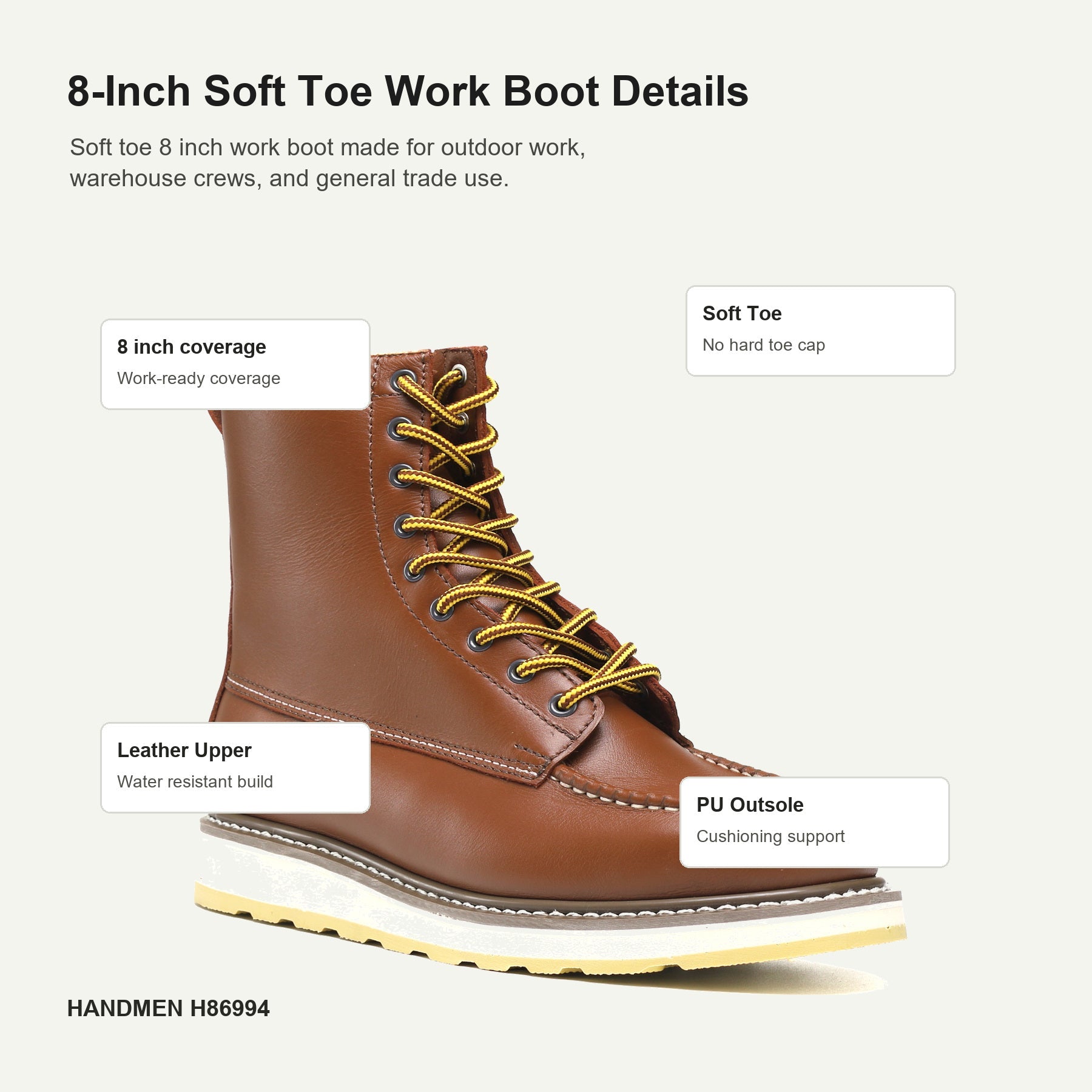HANDMEN H86994 soft toe eight inch work boot detail callouts