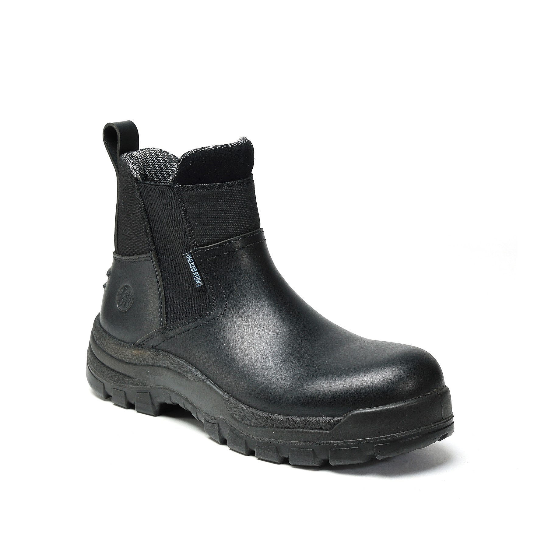 HANDMEN 80M02 soft toe black slip on work boot angled outsole view