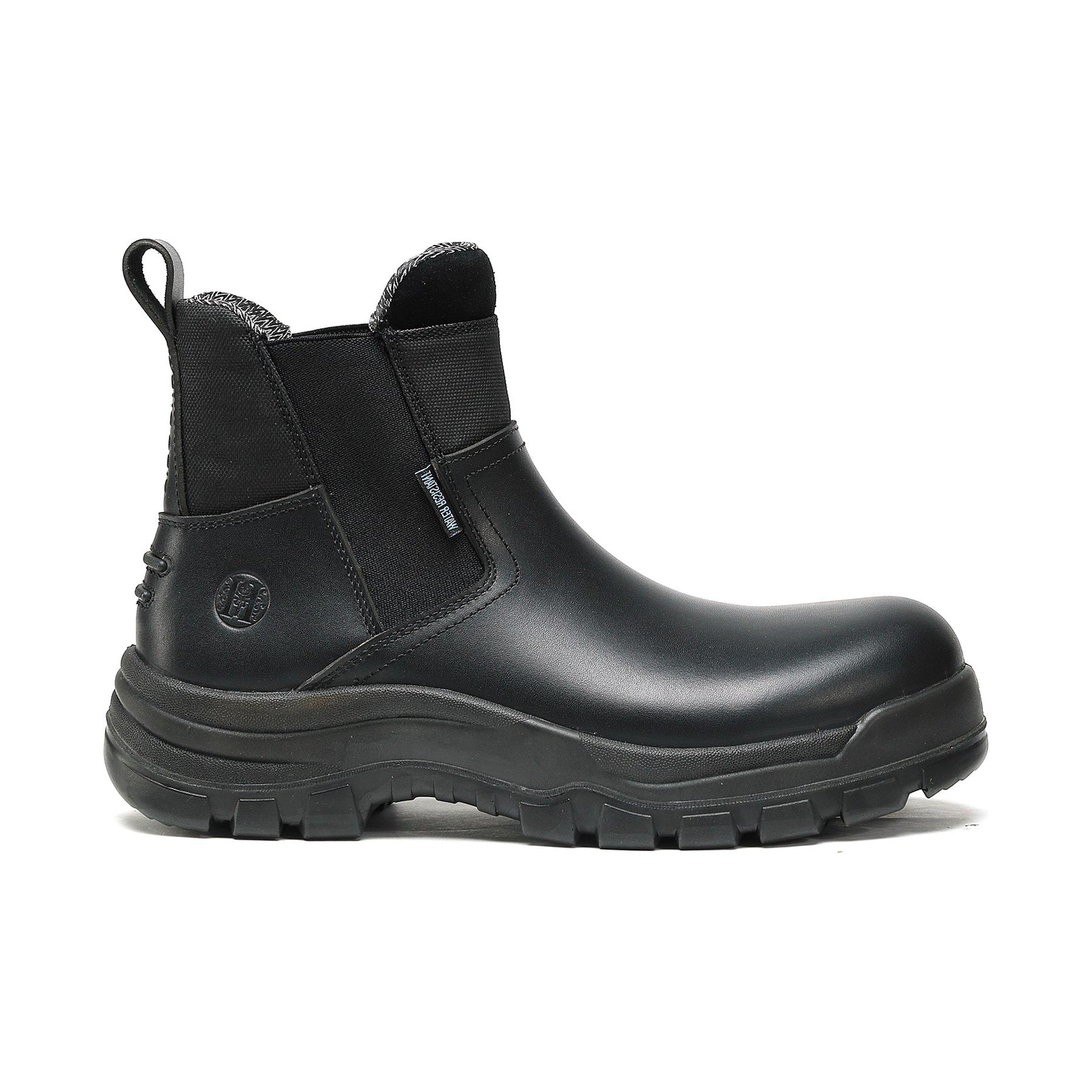 HANDMEN 80M02 black soft toe slip-on work boot on white background, toe facing right