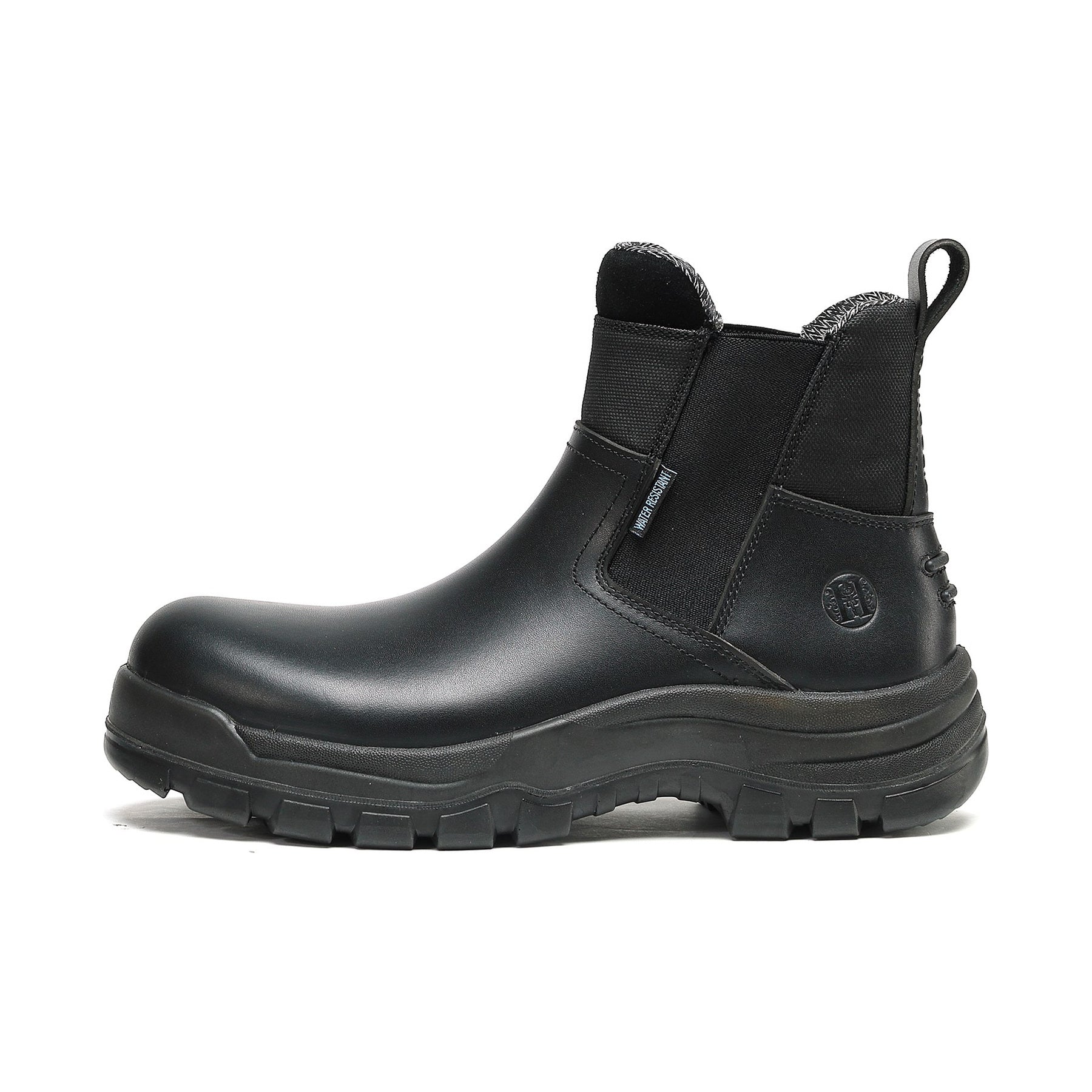 HANDMEN 80M02 black soft toe slip-on work boot on white background