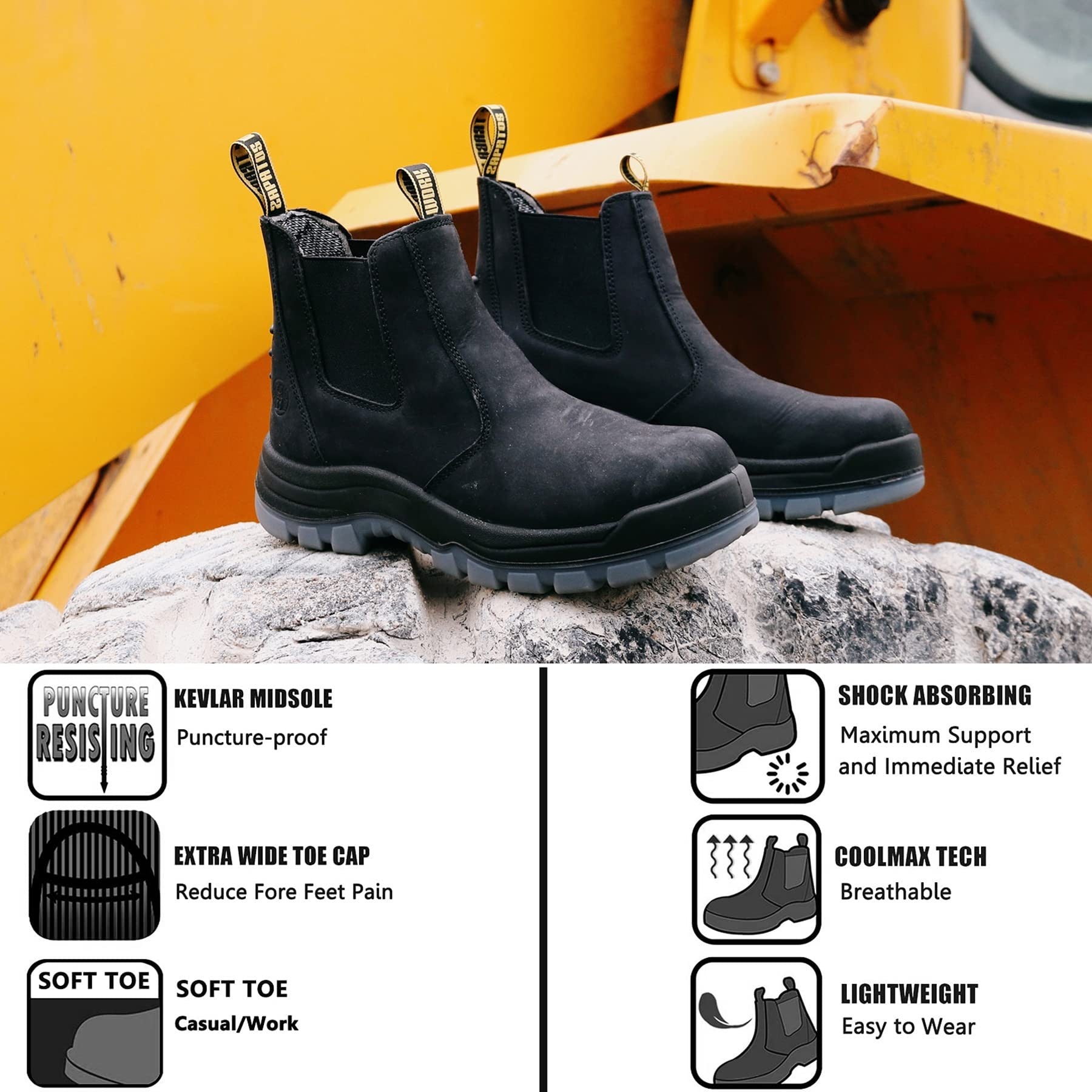 HANDMEN 80N04 black soft toe slip-on work boot feature view