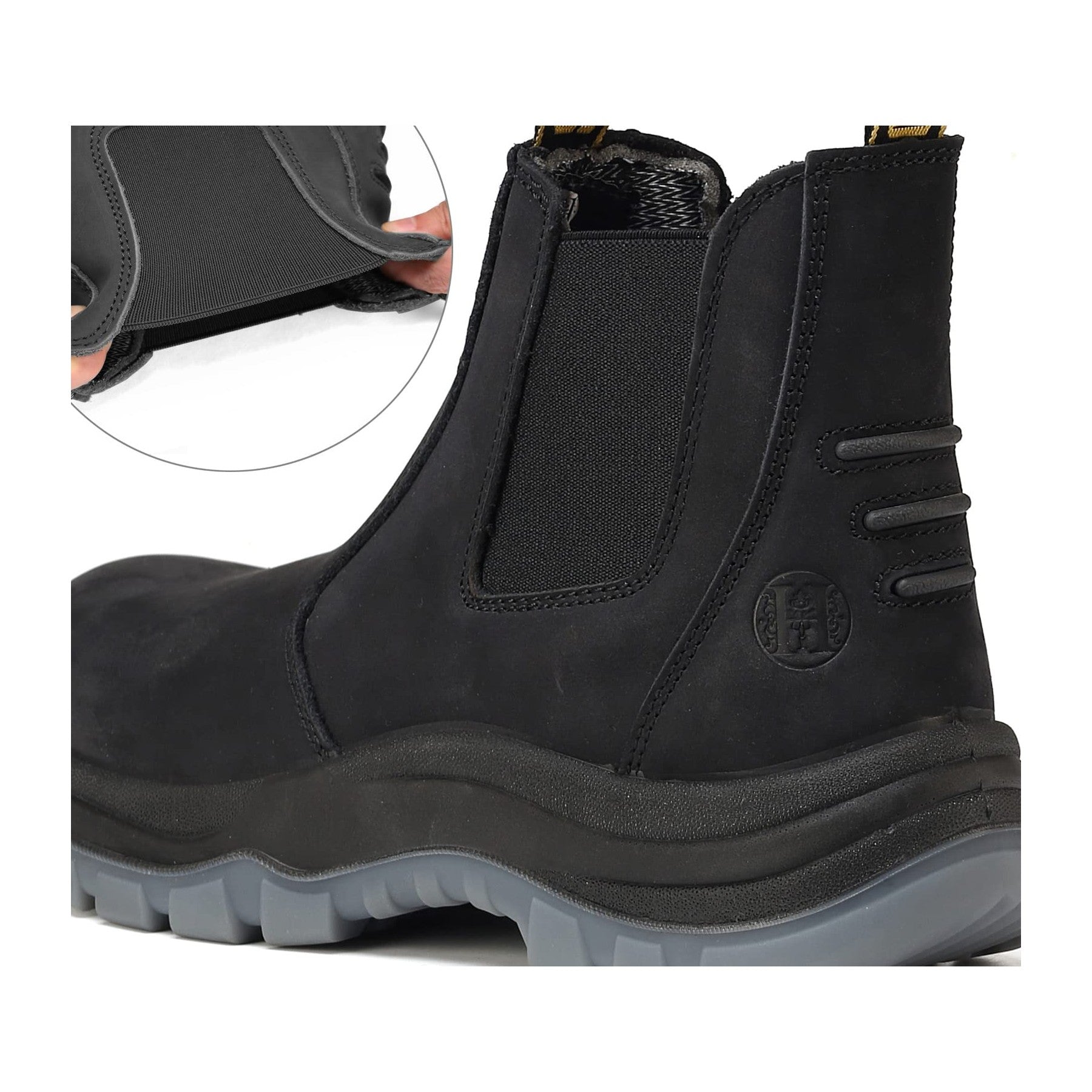 HANDMEN 80N04 black soft toe slip-on work boot pull-on detail