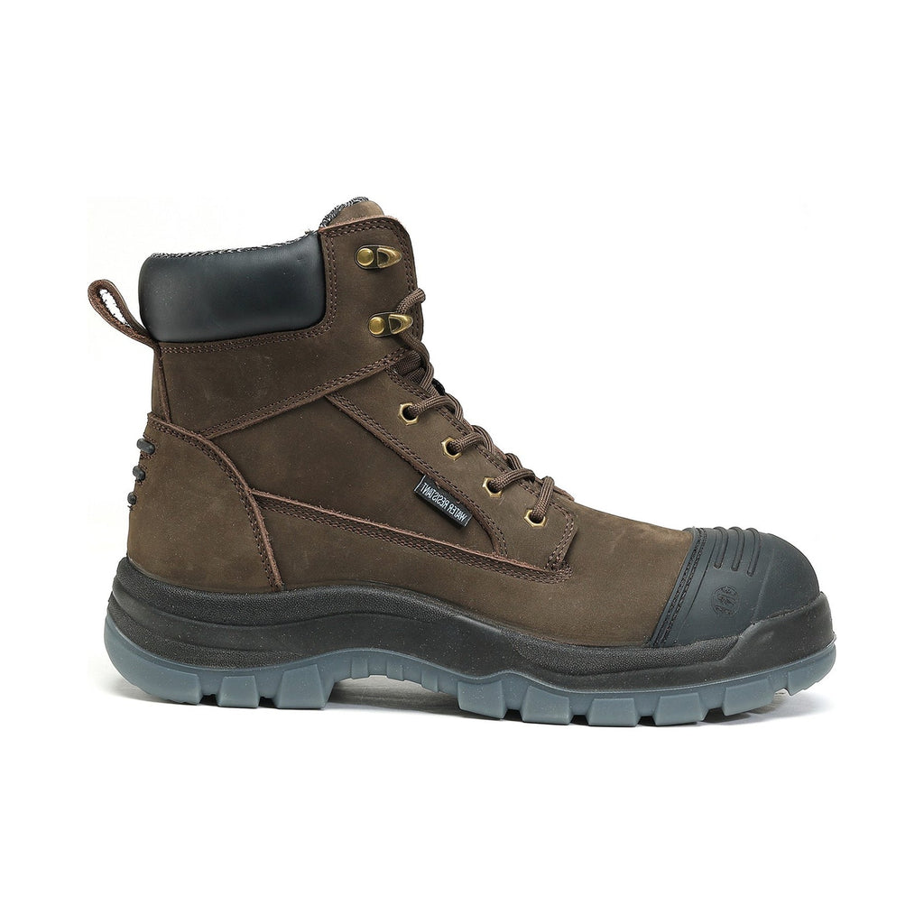 HANDMEN 81N02 brown fiberglass composite toe work boot on white background, toe facing right