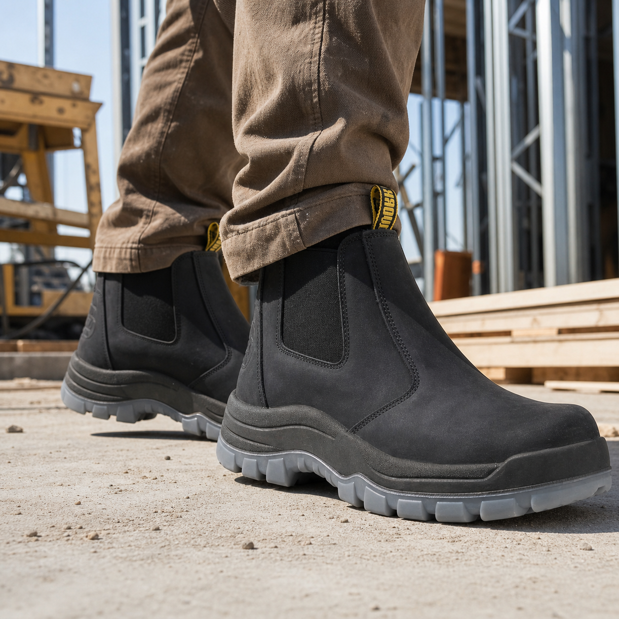 HANDMEN 81N04 composite toe slip-on work boot on a construction jobsite