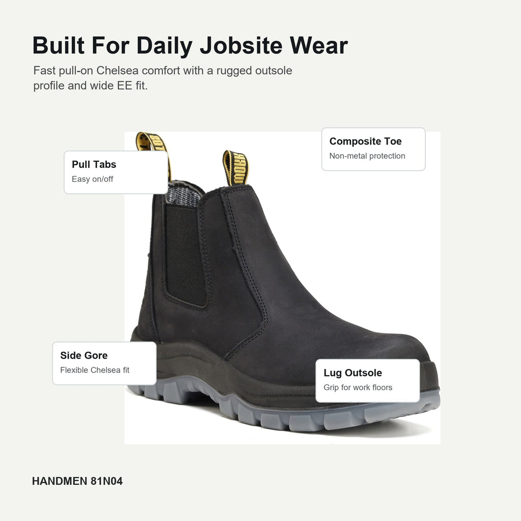 HANDMEN 81N04 slip-on work boot detail callouts