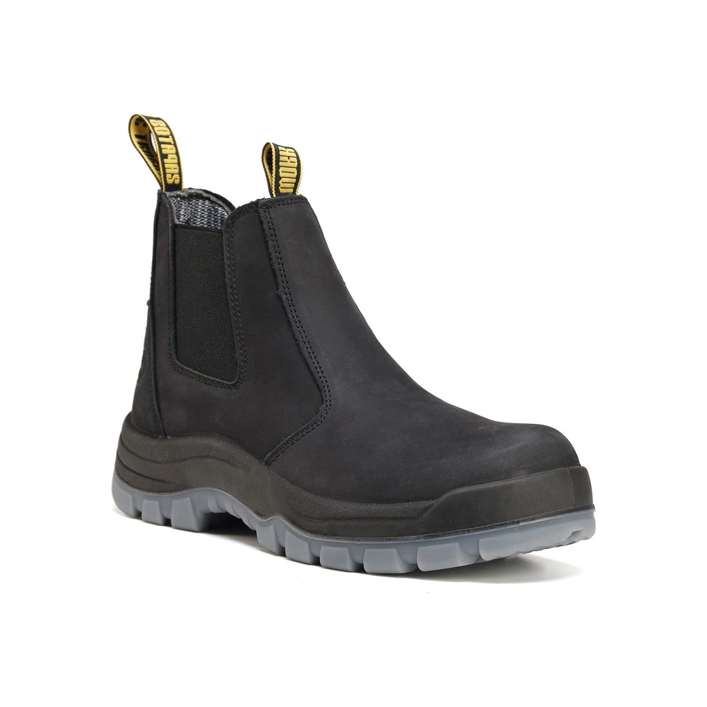 HANDMEN 81N04 black fiberglass composite toe slip-on work boot on white background, toe facing right