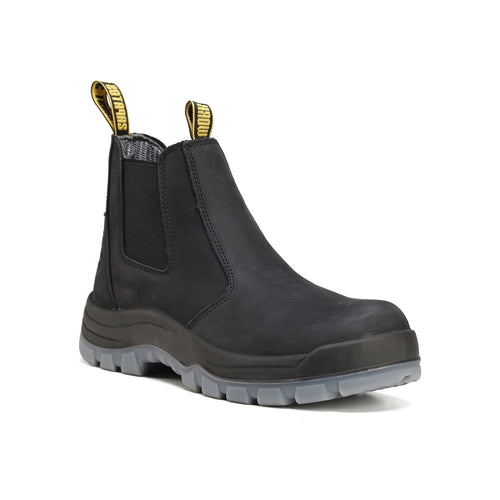 HANDMEN 81N04 black fiberglass composite toe slip-on work boot on white background, toe facing right