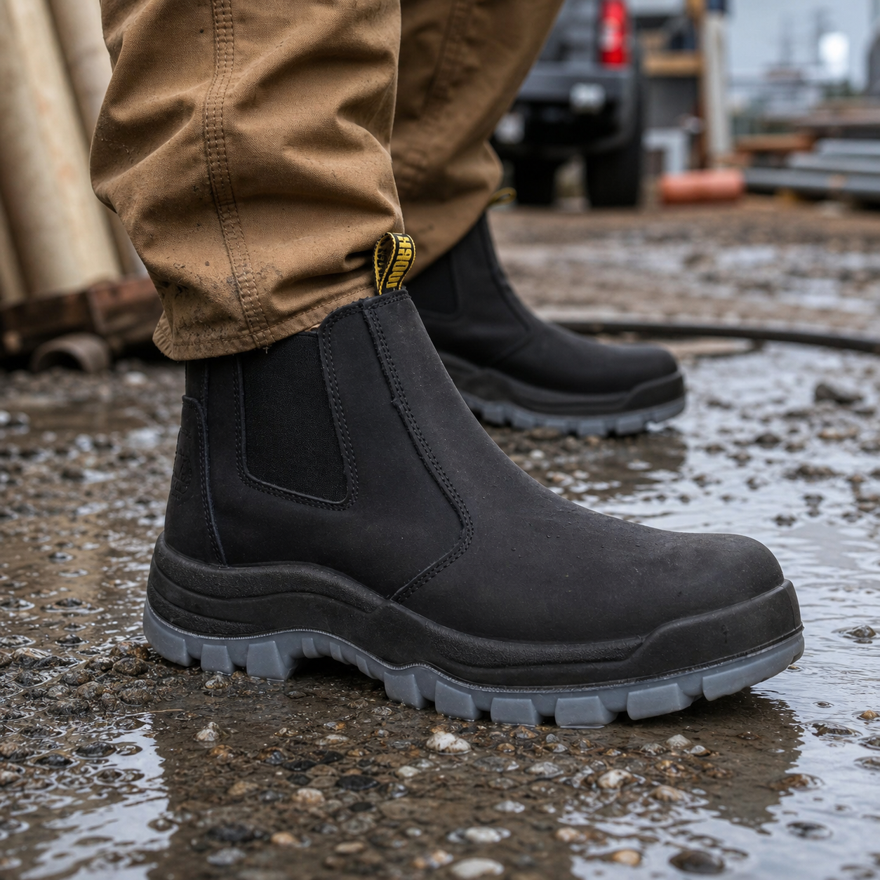 HANDMEN 81N04 black work boot on a wet outdoor jobsite