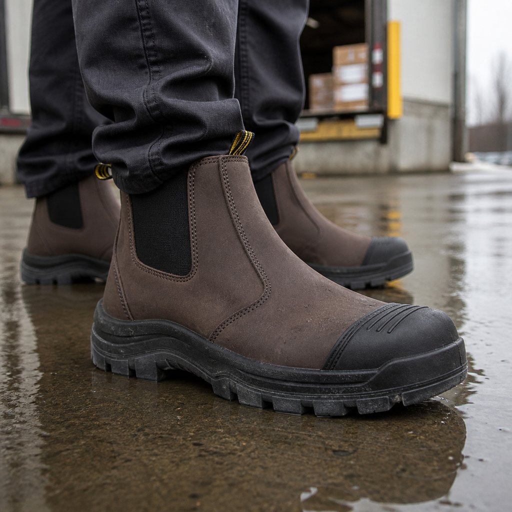 HANDMEN COF802 brown soft toe Chelsea work boot on a wet work floor