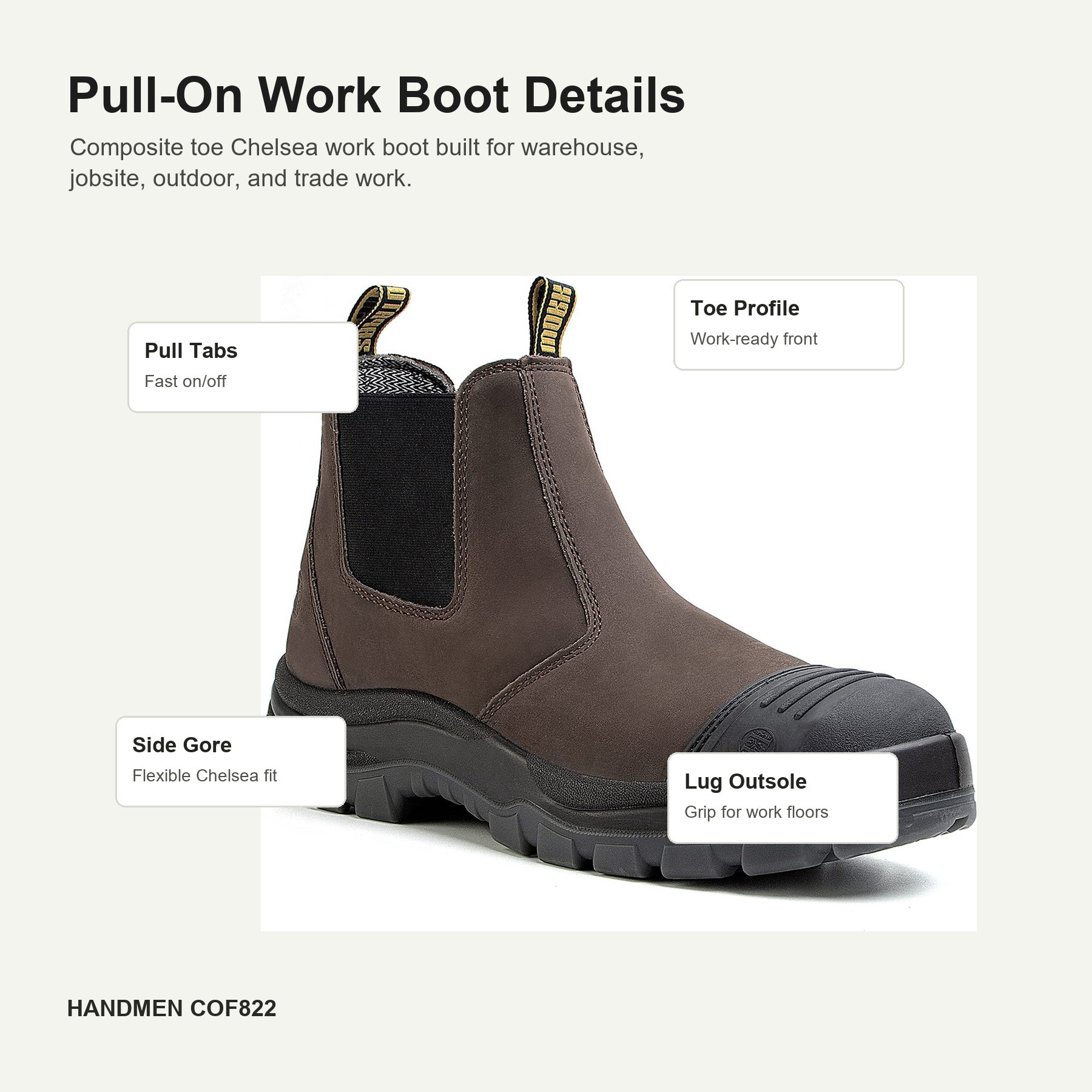 HANDMEN COF822 composite toe Chelsea work boot detail callouts