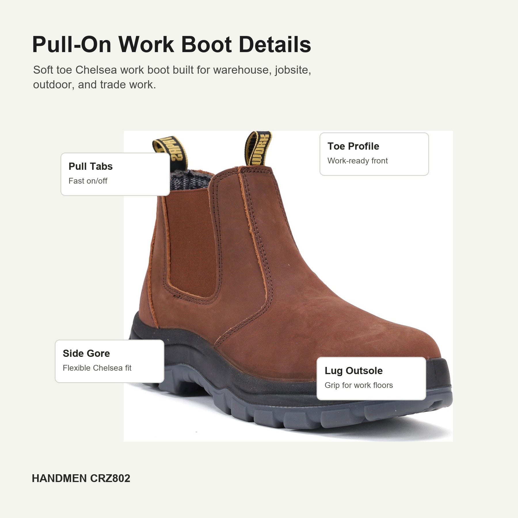 HANDMEN CRZ802 soft toe Chelsea work boot detail callouts
