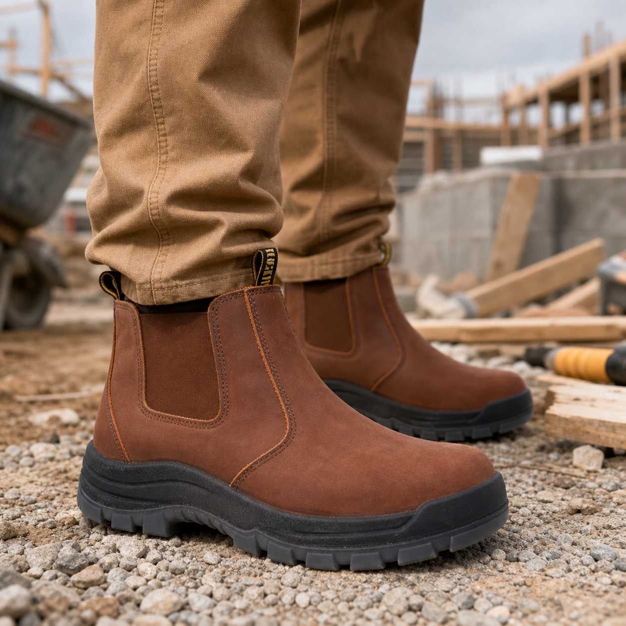 HANDMEN CRZ802 brown soft toe Chelsea work boot on an outdoor jobsite