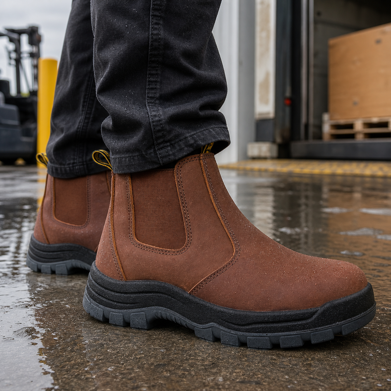 HANDMEN CRZ802 brown soft toe Chelsea work boot on a wet work floor