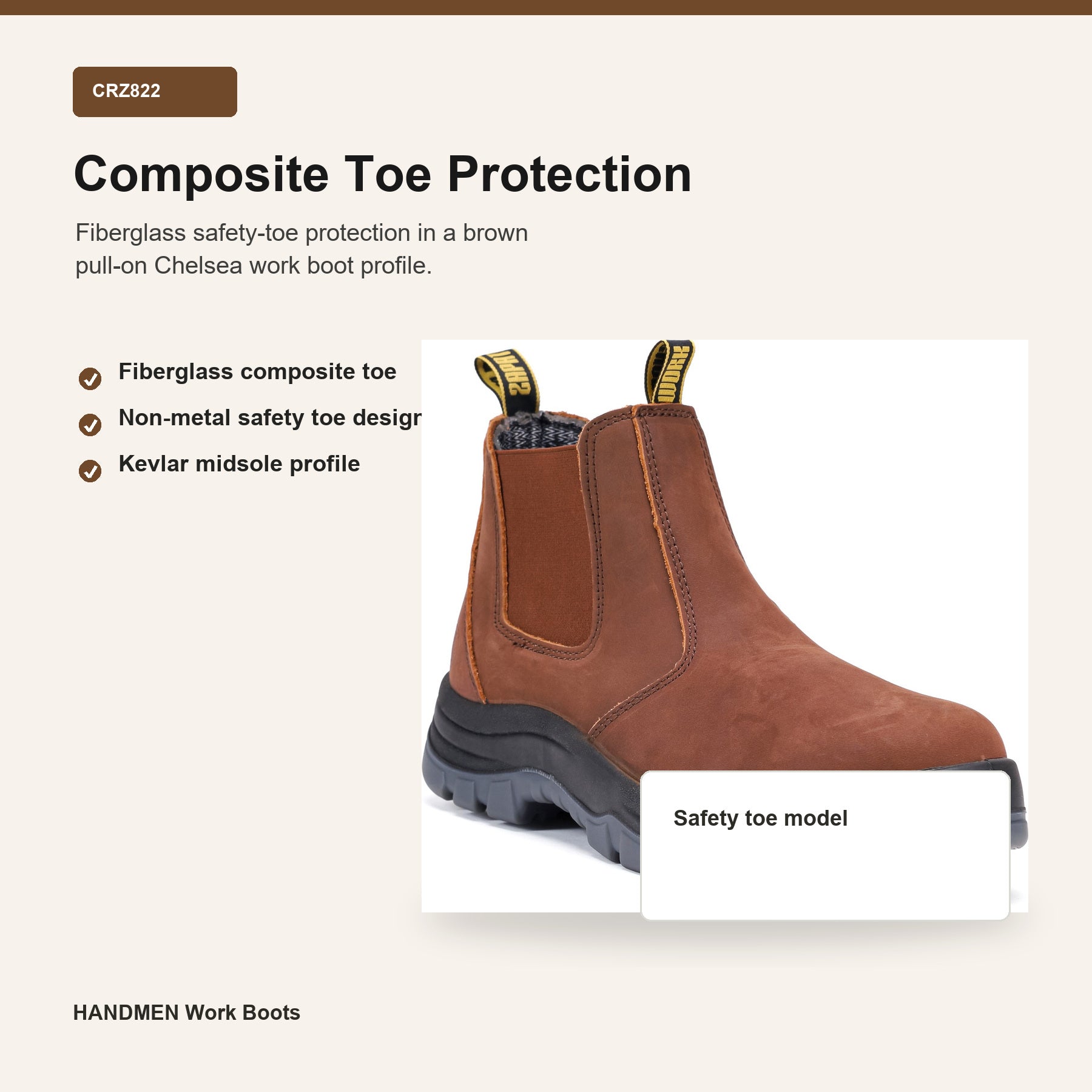 HANDMEN CRZ822 fiberglass composite toe protection feature graphic