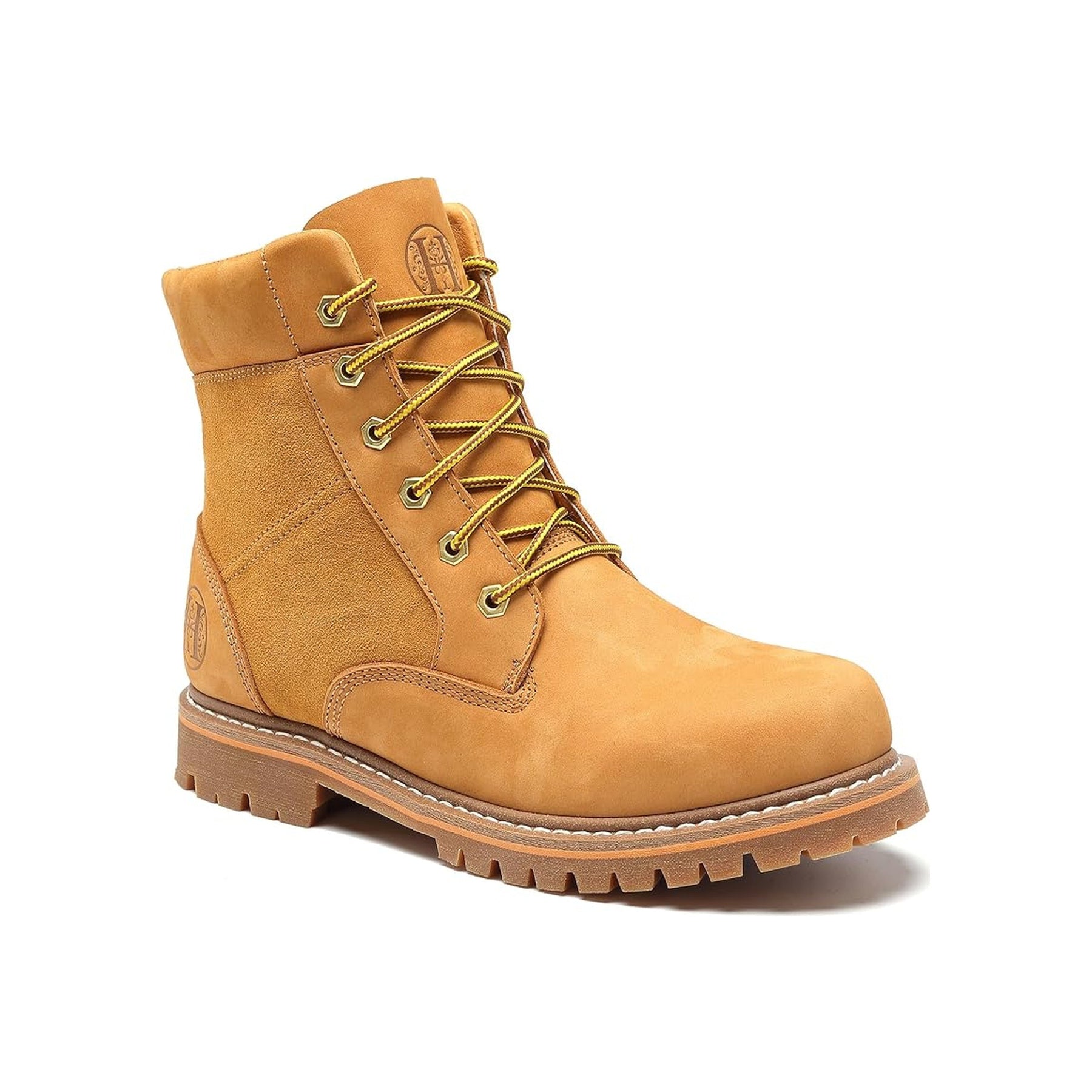 HANDMEN H84102 wheat soft toe heat resistant work boot on white background, toe facing right