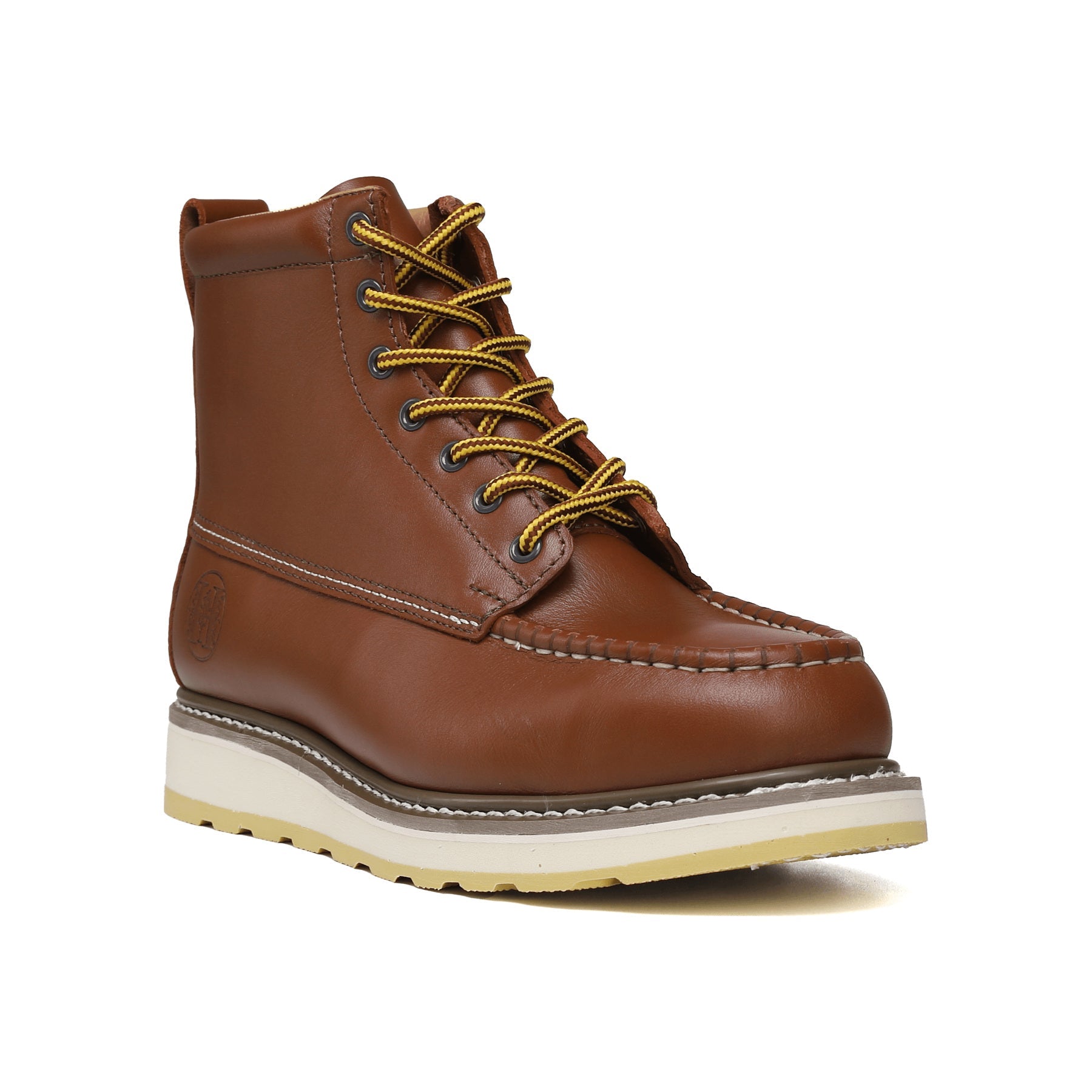HANDMEN H84992 brown steel toe six inch work boot on white background, toe facing right