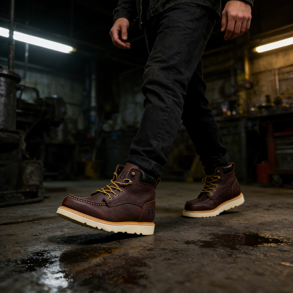 HANDMEN HVB305 brown soft toe moc toe wedge work boot image 4