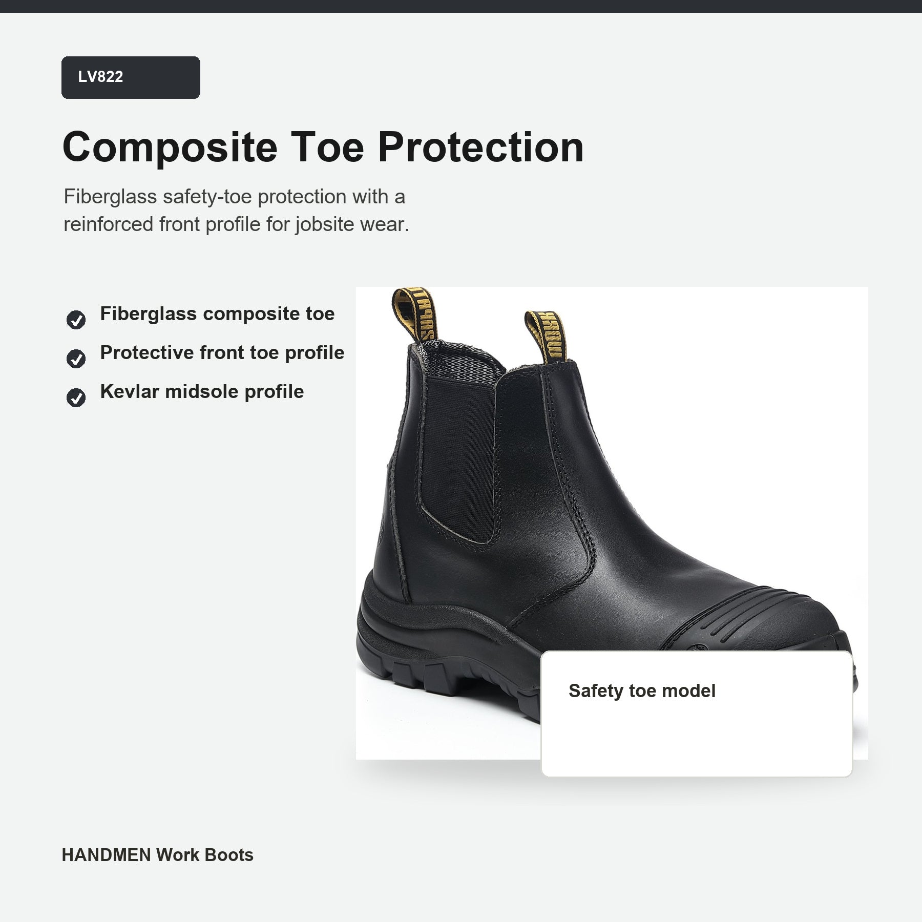 HANDMEN LV822 fiberglass composite toe protection feature graphic