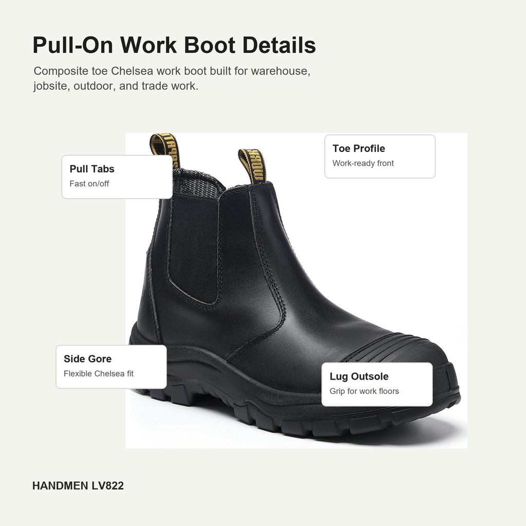 HANDMEN LV822 composite toe Chelsea work boot detail callouts