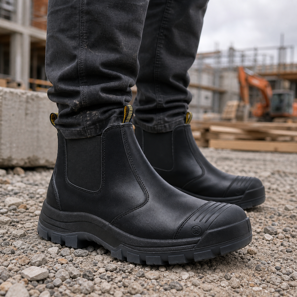 HANDMEN LV822 black composite toe Chelsea work boot on an outdoor jobsite