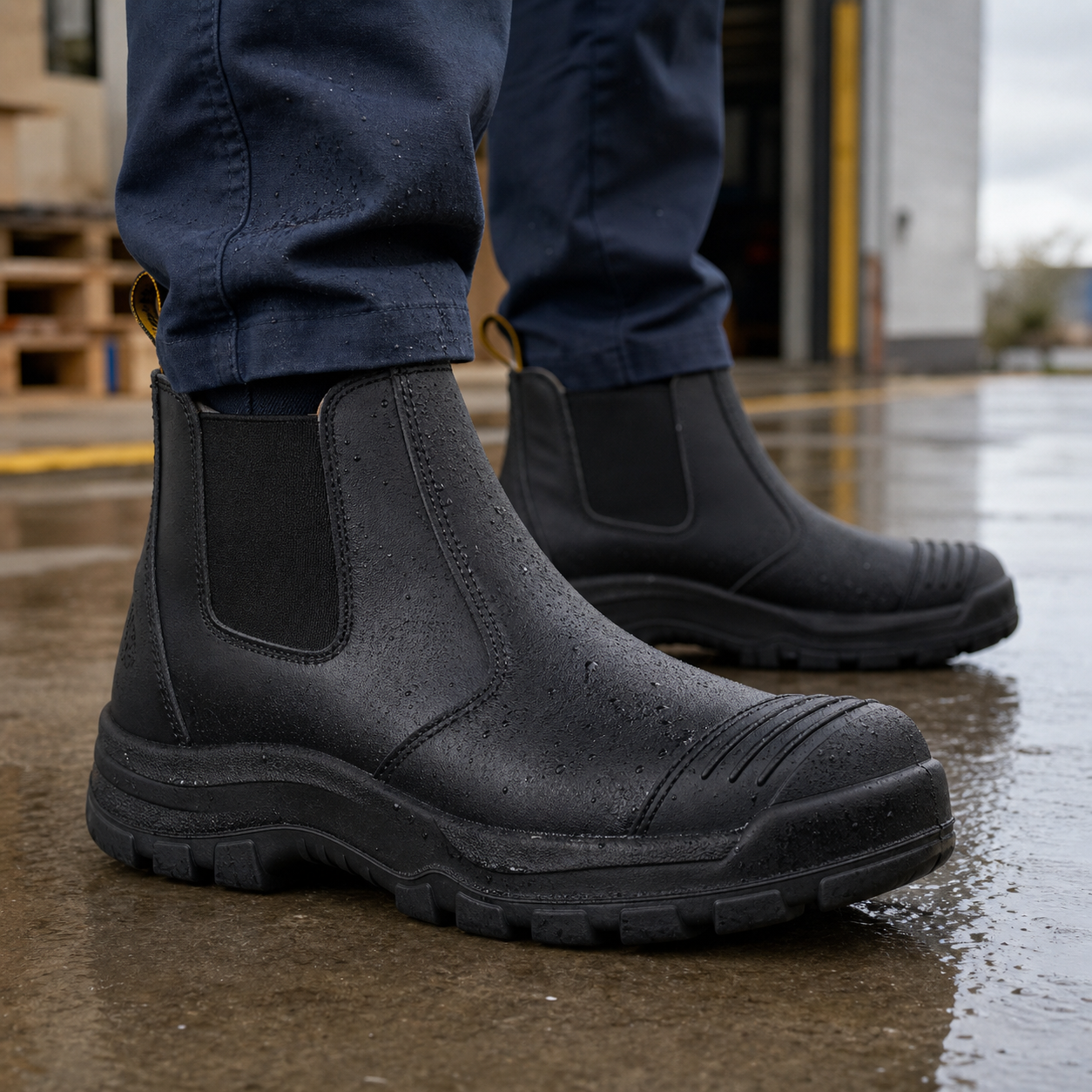 HANDMEN LV822 black composite toe Chelsea work boot on a wet work floor