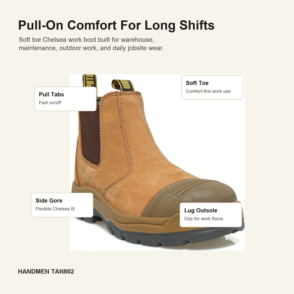 HANDMEN TAN802 soft toe Chelsea work boot detail callouts