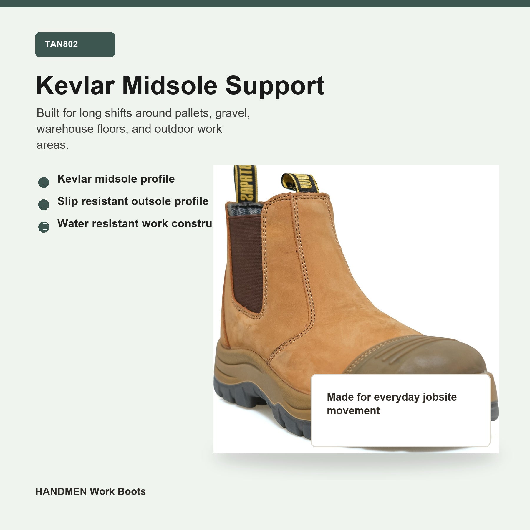 HANDMEN TAN802 Kevlar midsole support feature graphic