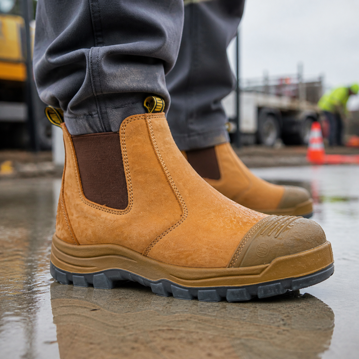HANDMEN TAN802 wheat soft toe Chelsea work boot on wet concrete