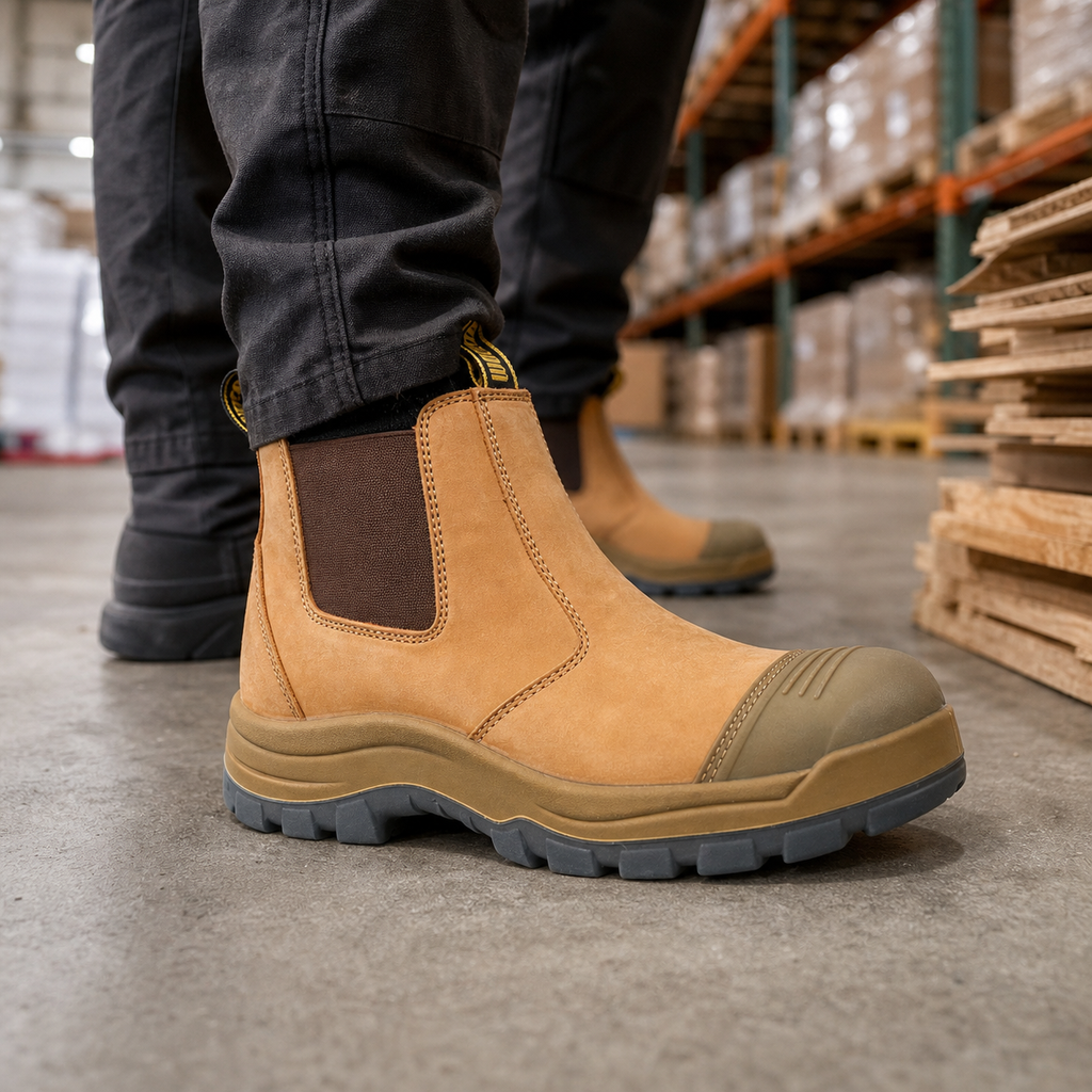 HANDMEN TAN822 wheat fiberglass composite toe Chelsea work boot on a warehouse floor