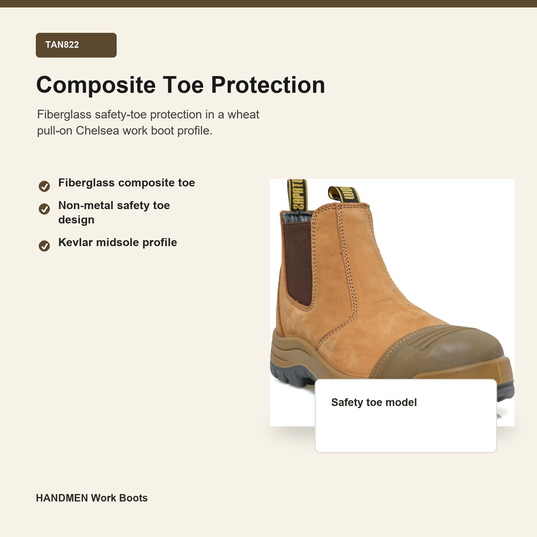 HANDMEN TAN822 fiberglass composite toe protection feature graphic